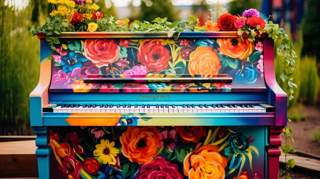 Um piano colorido com flores.
