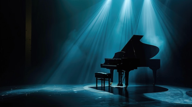 Um piano de cauda espera seu intérprete em um palco escuro destacado por um único spot azul