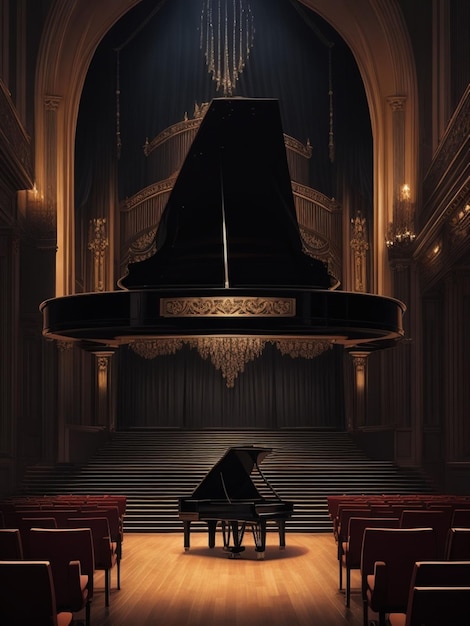 Um piano de cauda fica no centro do palco em um teatro mal iluminado sua superfície preta polida refletindo