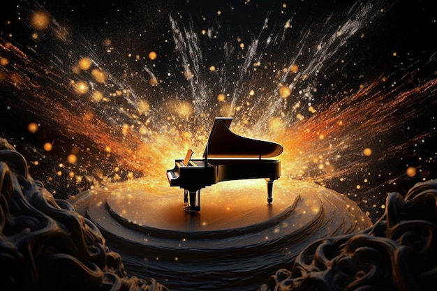 Um piano em um fundo preto com uma explosão brilhante ao fundo.