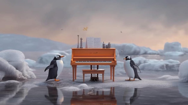 Um piano em um pequeno iceberg com pinguins