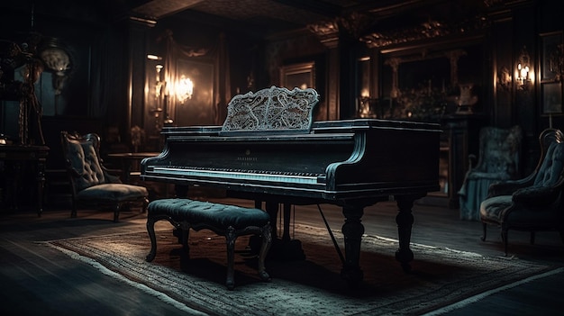 Um piano em um quarto escuro com uma cadeira e um banco.