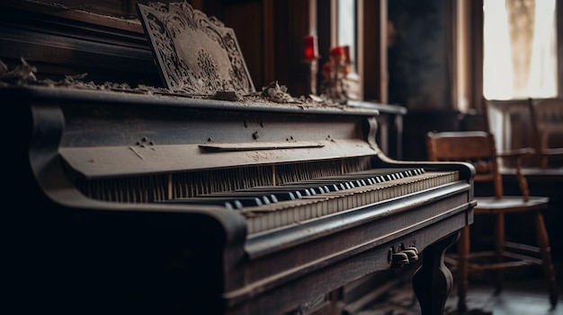 Um piano em um quarto escuro com uma placa que diz 'piano'