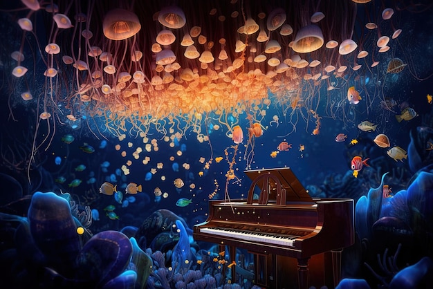 Um piano em uma cena subaquática com água-viva e água-viva.
