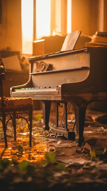 Um piano em uma sala com detritos no chão