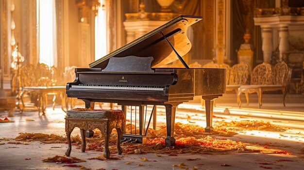 Um piano em uma sala com flores no chão