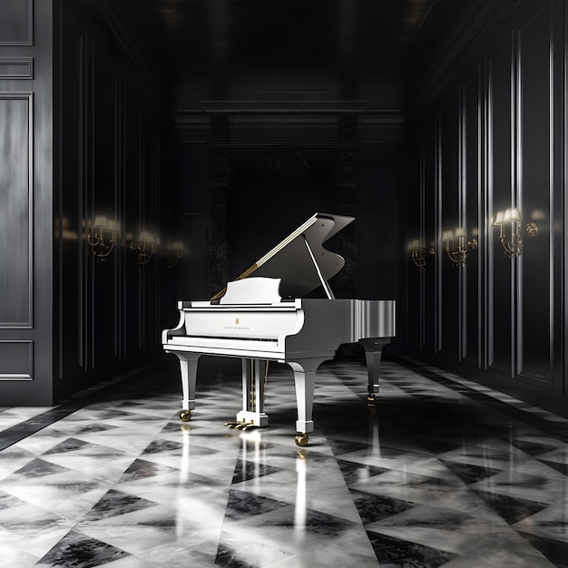 Um piano em uma sala com piso xadrez preto e branco.