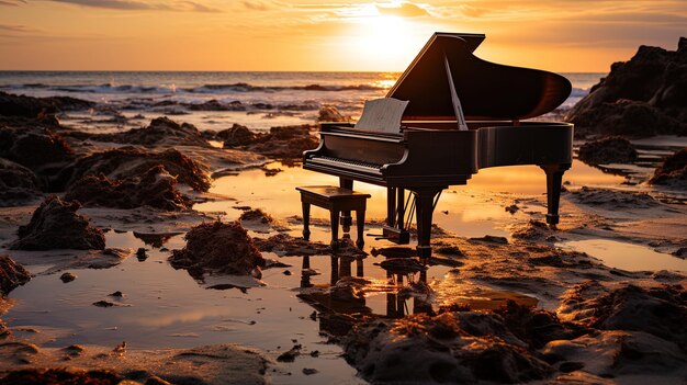 Foto um piano está na praia e está na água.