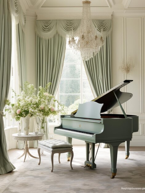 um piano grande senta-se na frente de uma janela com um vaso de flores