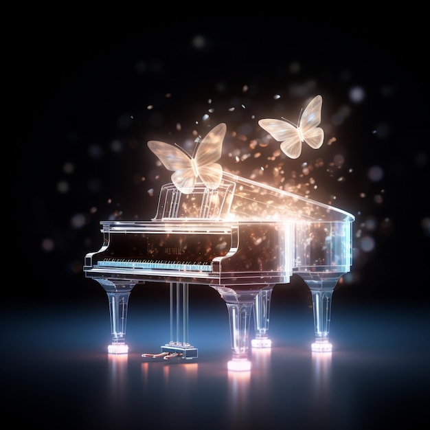 Um piano transparente flutua no ar borboleta Ai gerou arte