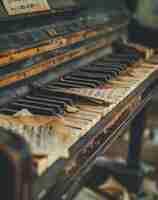Foto um piano velho com teclas quebradas as folhas de música foram arrancadas e jogadas fora