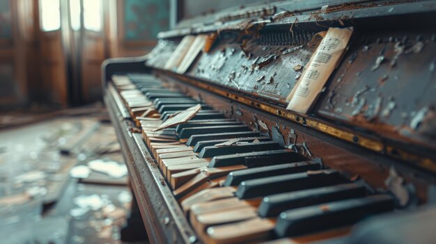 Um piano velho com teclas quebradas as folhas de música foram arrancadas e jogadas fora