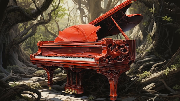 Foto um piano vermelho em uma floresta