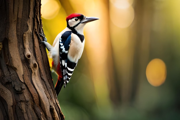 Um pica-pau em uma árvore na floresta