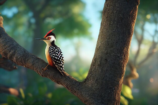 Um pica-pau senta-se em um galho de árvore no contexto da folhagem verde em um dia claro