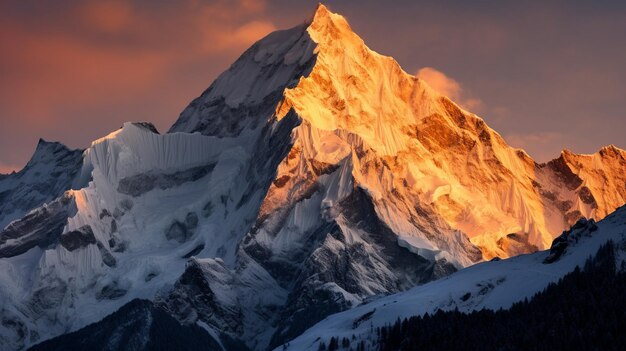 Um pico coberto de neve banhado na luz dourada do pôr-do-sol