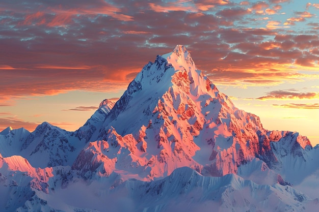 Um pico de montanha coberto de neve ao pôr-do-sol