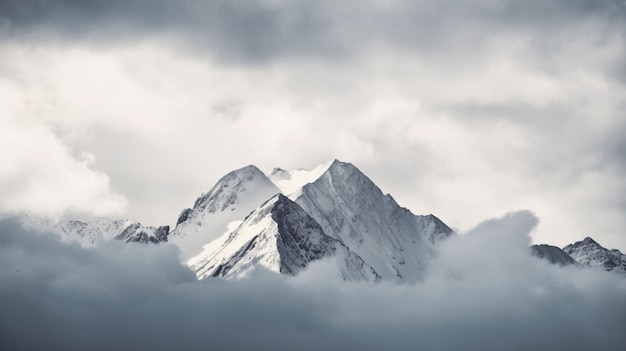 Um pico de montanha é visto através das nuvens nas montanhas.