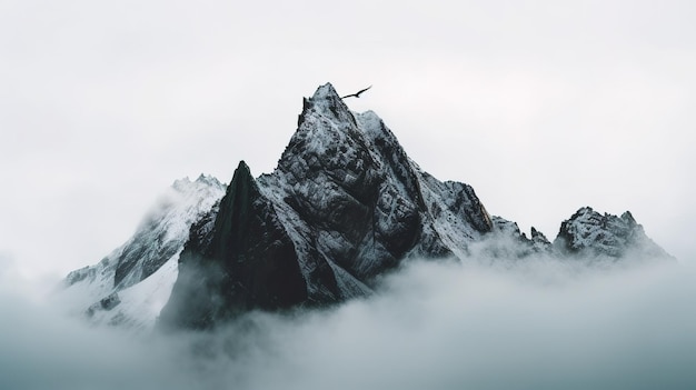 Um pico de montanha nas nuvens com um pássaro nele