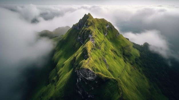 Um pico de montanha nas nuvens com uma cobertura verde.