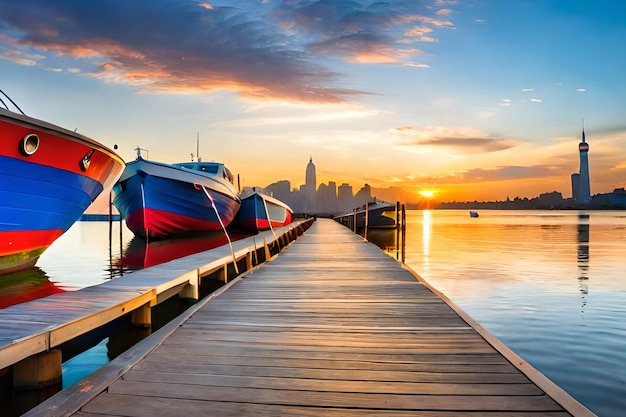 Um píer com barcos e uma cidade ao fundo