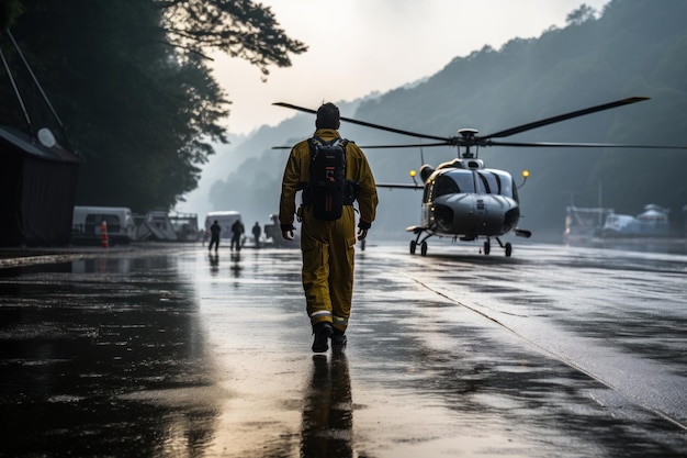 Um piloto com equipamento completo caminha em direção a um helicóptero pronto para embarcar em uma ousada missão de resgate