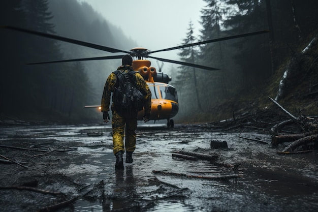 Um piloto com equipamento completo caminha em direção a um helicóptero pronto para embarcar em uma ousada missão de resgate