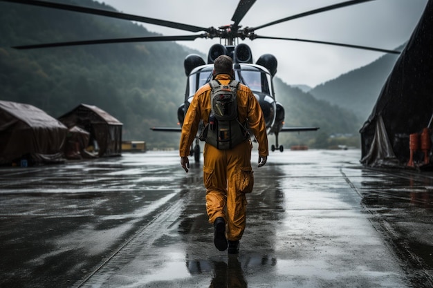 Um piloto com equipamento completo caminha em direção a um helicóptero pronto para embarcar em uma ousada missão de resgate