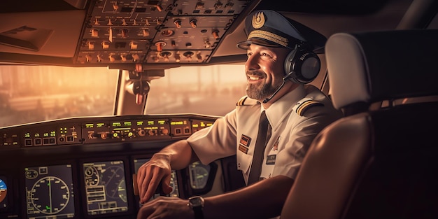 Um piloto com uniforme de piloto senta-se na cabine de um avião.