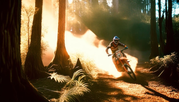 Foto um piloto de bicicleta suja anda por uma floresta.