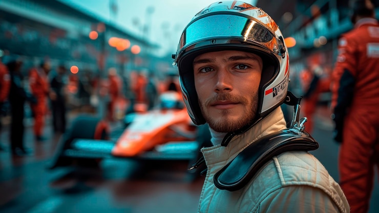 Foto um piloto de fórmula 1 em equipamento de corrida está na frente de seu carro no pit stop da pista de corrida