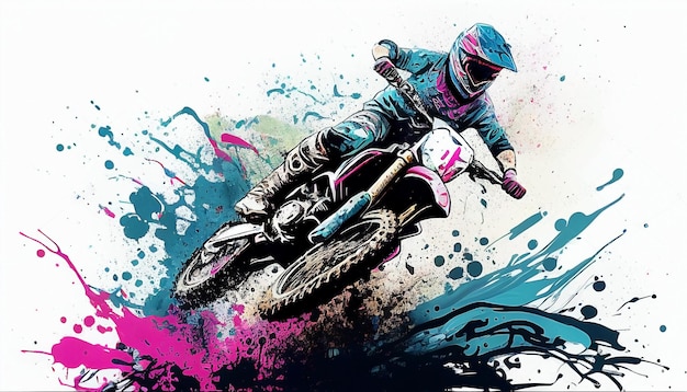 Foto um piloto de motocross está voando através de um fundo colorido.