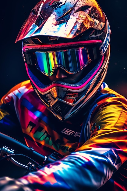 Um piloto de motocross em um fundo colorido.