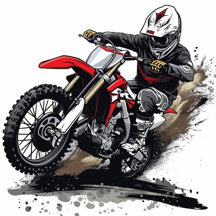 Foto um piloto de motocross vetorial em uma motocicleta em um design de camiseta vermelha