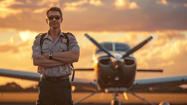 Um piloto de pé na frente de um avião privado Ele está vestindo um uniforme e tem os braços cruzados O sol está se estabelecendo no fundo