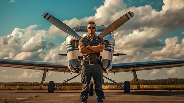 Um piloto de pé na frente de um pequeno avião Ele está vestindo um terno de voo e óculos de sol O céu está nublado e há um vento forte soprando