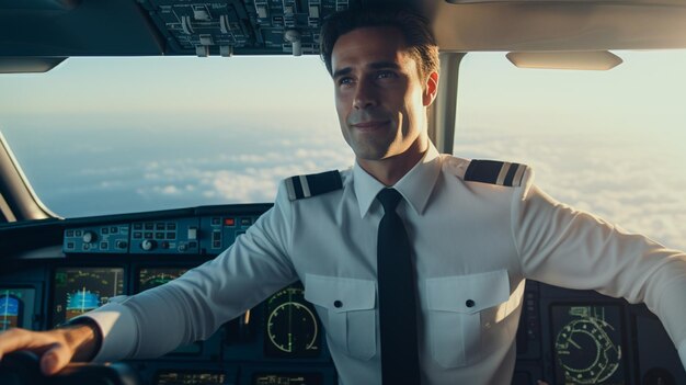 Foto um piloto de uniforme branco está vestindo um uniforme branco e tem uma gravata preta.