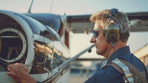 Foto um piloto está fazendo uma inspeção pré-voo de seu avião ele está usando um fone de ouvido e óculos de sol