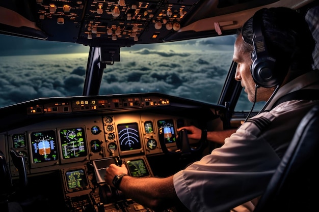 um piloto está pilotando um avião vista de dentro da cabine o trabalho da tripulação