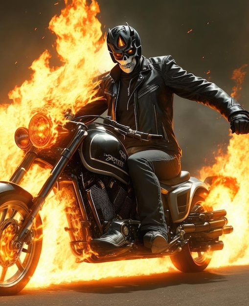 Um piloto fantasma com uma jaqueta de couro preta e capacete senta-se numa moto nas chamas