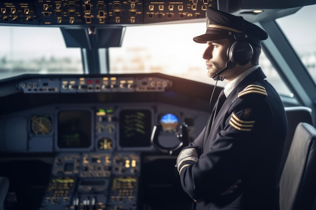 Foto um piloto masculino com uniforme de capitão em um ambiente interno de aeroporto generative ai aig21