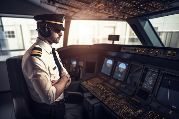 Um piloto masculino com uniforme de capitão em um ambiente interno de aeroporto Generative AI AIG21