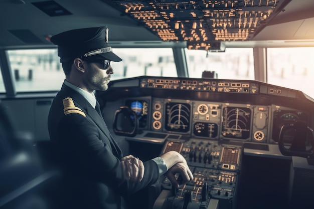 Um piloto masculino com uniforme de capitão em um ambiente interno de aeroporto Generative AI AIG21