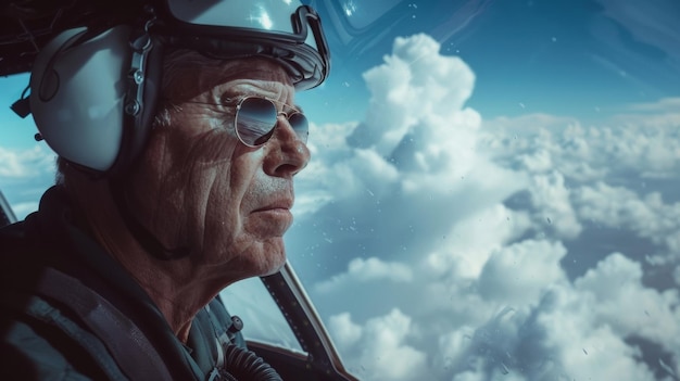 Um piloto robusto olha pela janela do poço o seu reflexo apanhado no vidro enquanto navega o seu