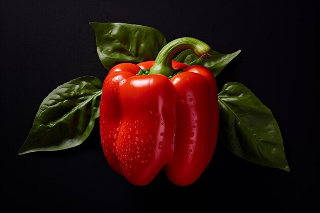 um pimentão vermelho com folhas verdes e uma folha verde.