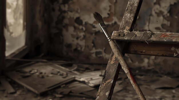 Foto um pincel velho repousa em uma escada de madeira em um quarto abandonado o quarto é escuro e empoeirado e as paredes estão descascando