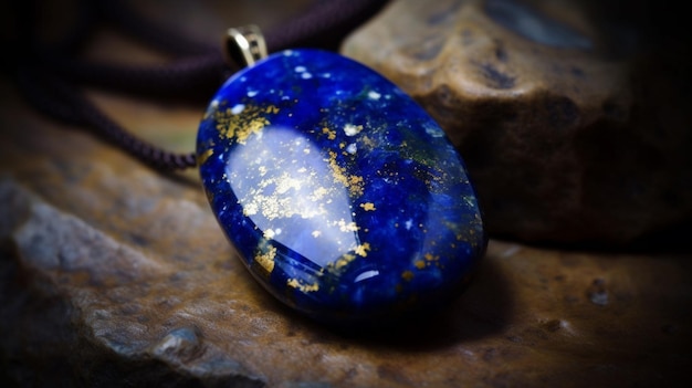 Um pingente de pedra azul fica sobre uma pedra com um colar marrom escuro.