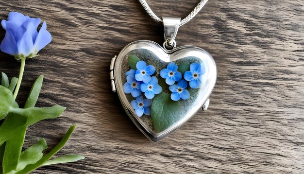 Um pingente em forma de coração com flores azuis e um coração que diz "amor"