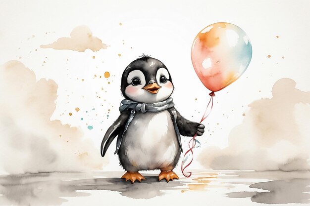 Um pinguim bebê bonito com balões de aquarela de desenho animado de fundo branco