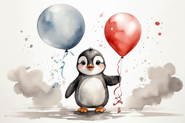 Um pinguim bebê bonito com balões de aquarela de desenho animado de fundo branco